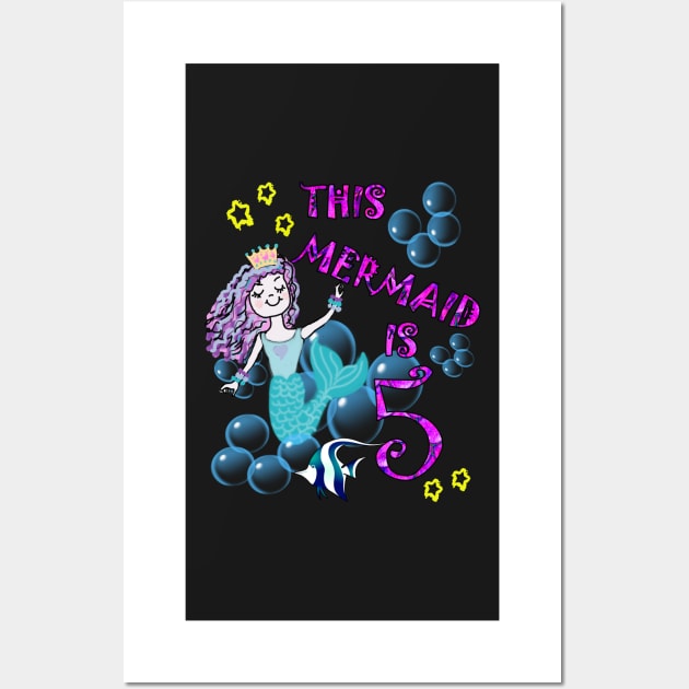 Birthday 5th Mermaid Cards, Journals & Gifts for Five Year Old Girl Gift Wall Art by tamdevo1